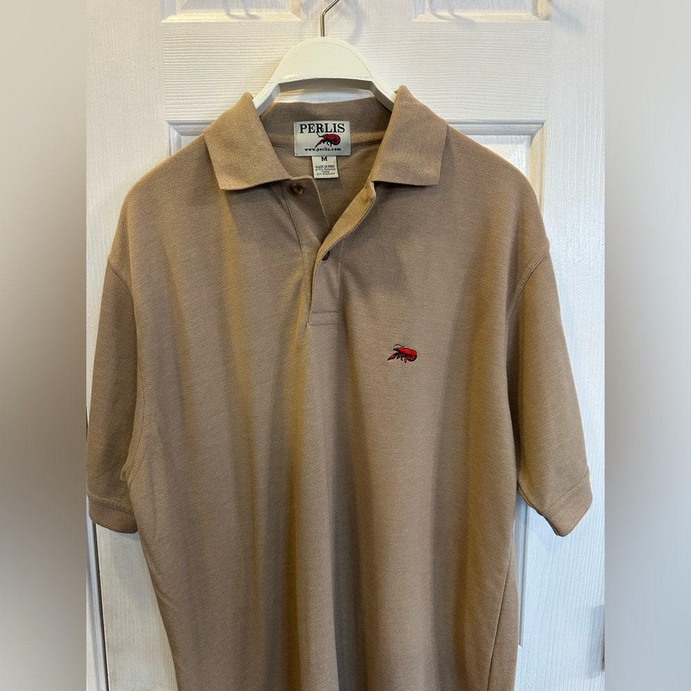 Perlis Polo Shirt Mens Tan Crawfish Embroidered Peruvian Cotton Size M